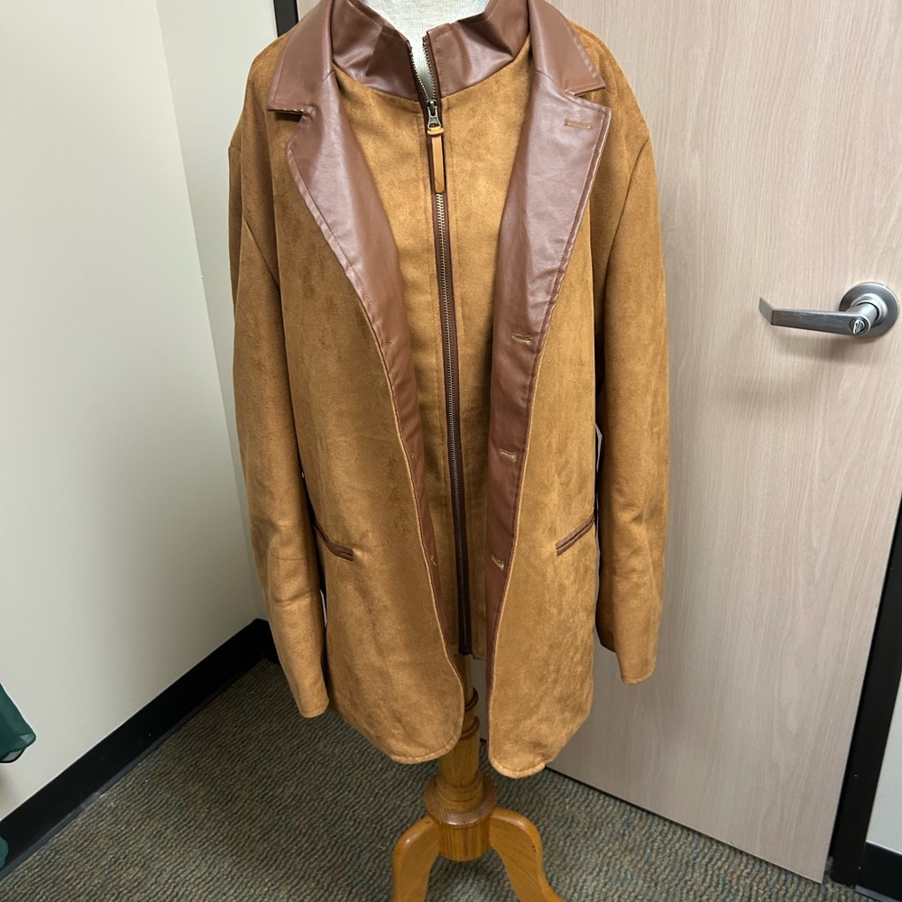 Brown Faux Suede with Faux Leather Trim Military Field Jacket